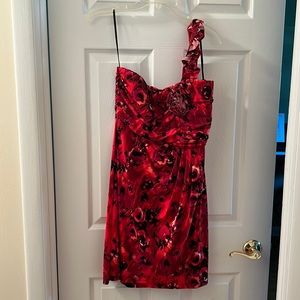 One shoulder red floral ruched dress Sz 14